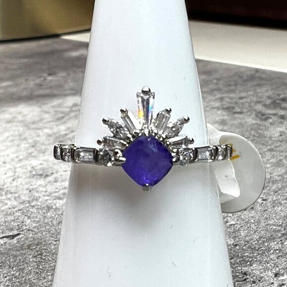 Ring Bomb Party Ring, size 7, blue stone, silver color band, CZ looking accents - Picture 1 of 5